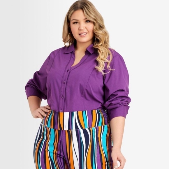 NWT Ashley Stewart Piped Classic Button Up Top In Purple - Picture 1 of 5